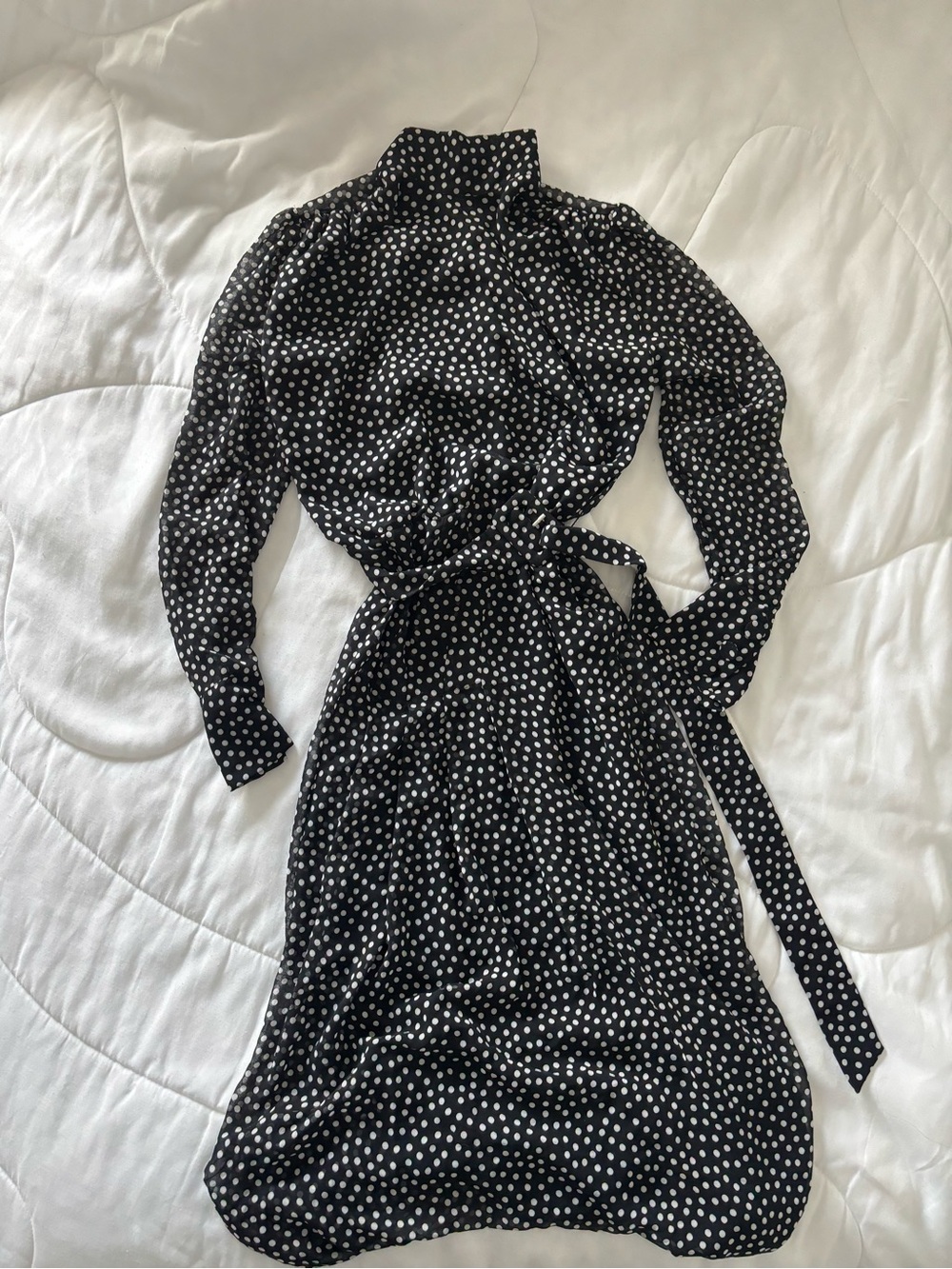 Black Polka Dot Tie-Waist Dress